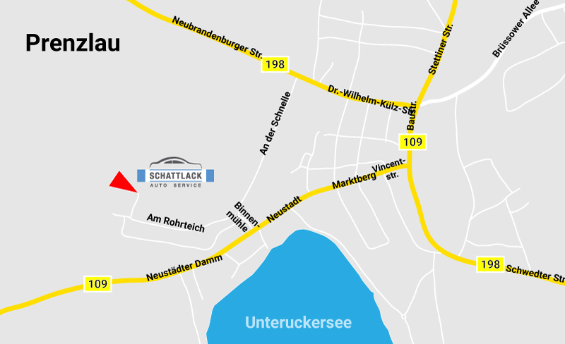 Anfahrtsskizze Prenzlau: Die Werkstatt liegt am Rohrteich, nördlich der B 109 (Neustädter Damm), westlich des Unteruckersees.