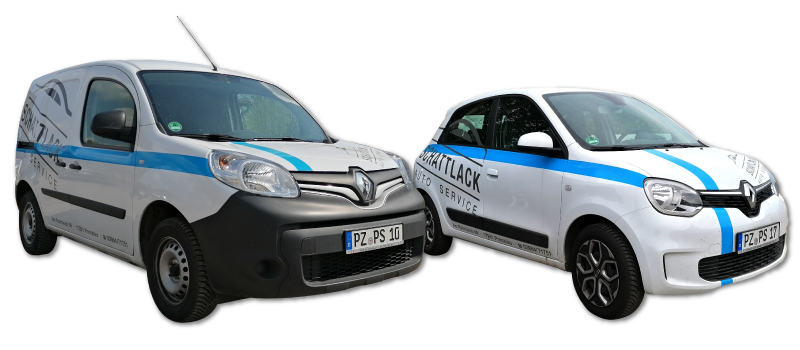 Zwei weiße Renault mit blauen Schattlack-Streifen: ein Kangoo und ein Twingo